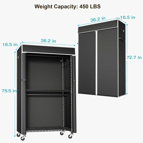 NIB- XL Carbon Steel Wardrobe- wheels/Cover Super Heavy-Duty holds up to 450 LBS - Picture 2 of 5